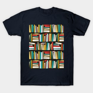 Colorful books // black bookshelf background yellow neon red white and teal books T-Shirt